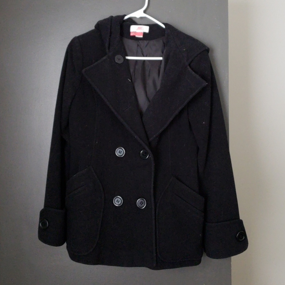 JLo Black wool winter jacket with hood